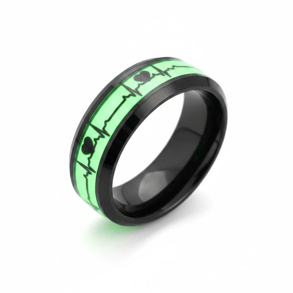 Dexyfied Store black ring featuring a glowing green EKG heartbeat pattern inlay for a modern medical-inspired style.
