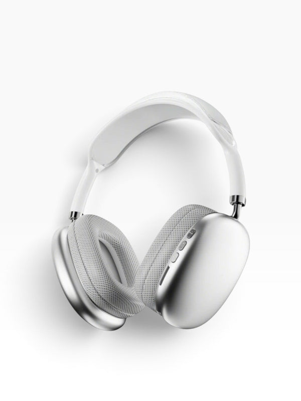 Dexyfied Store P9 Pro Max wireless over-ear headphones in silver and white with plush ear cushions and side controls.